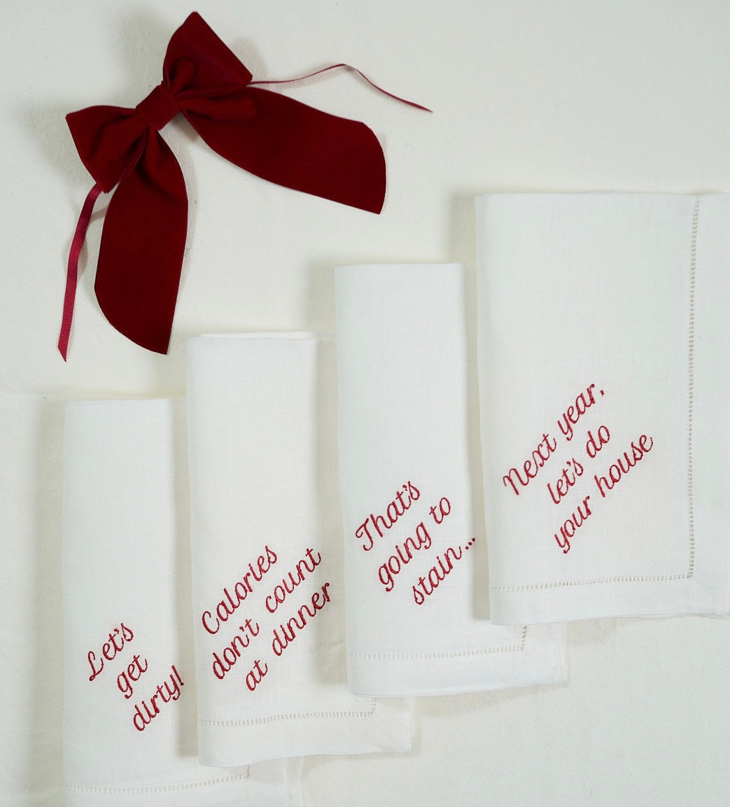 RED - Set of 12 Embroidered Linen Dinner Napkins