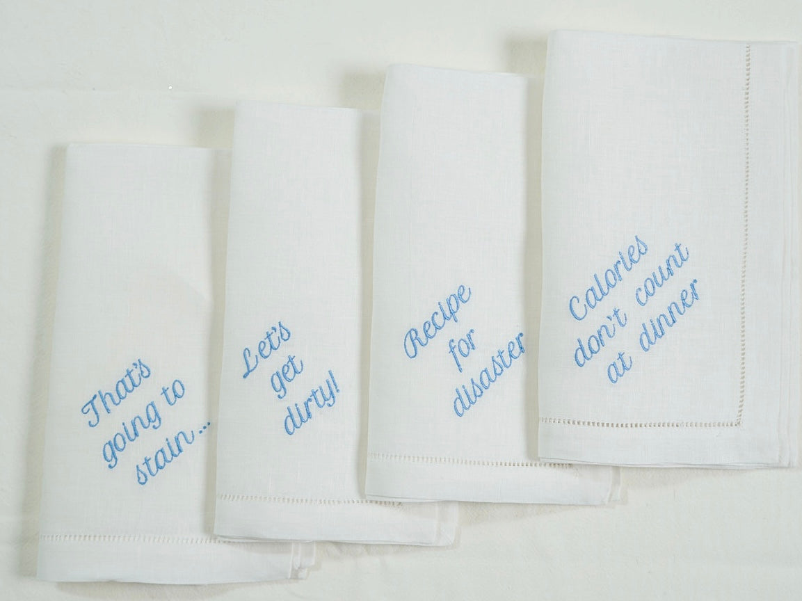 LIGHT BLUE- Set of 12 Embroidered Linen Dinner Napkins