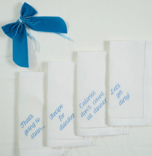 LIGHT BLUE- Set of 12 Embroidered Linen Dinner Napkins