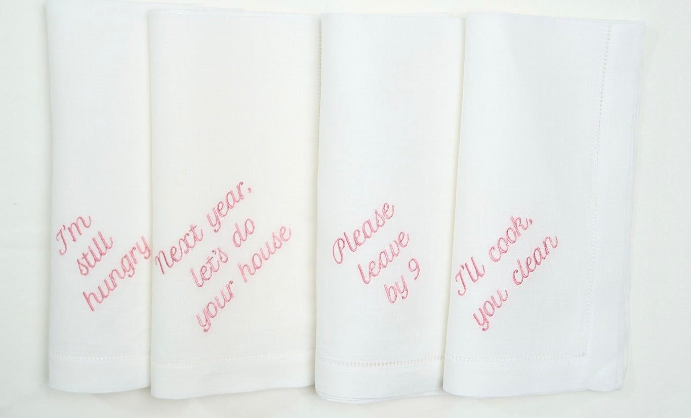 DUSTY ROSE - Set of 12 Embroidered Linen Dinner Napkins